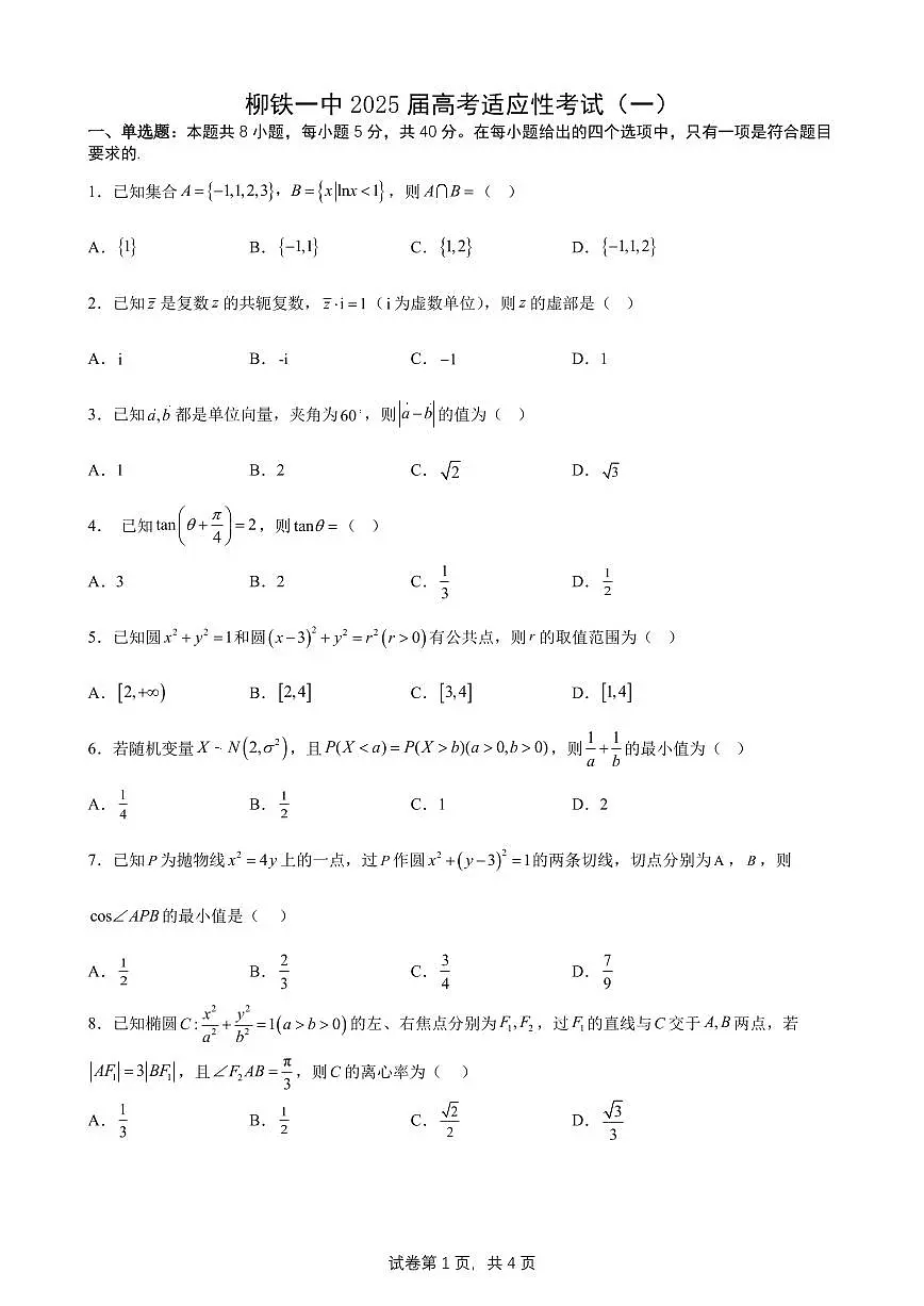 柳铁一中2025届高考适应性训练数学试卷第1页