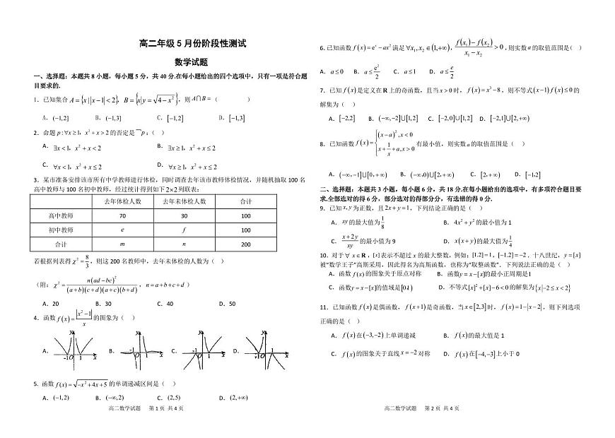 高二年级5月份阶段性测试数学试题第1页
