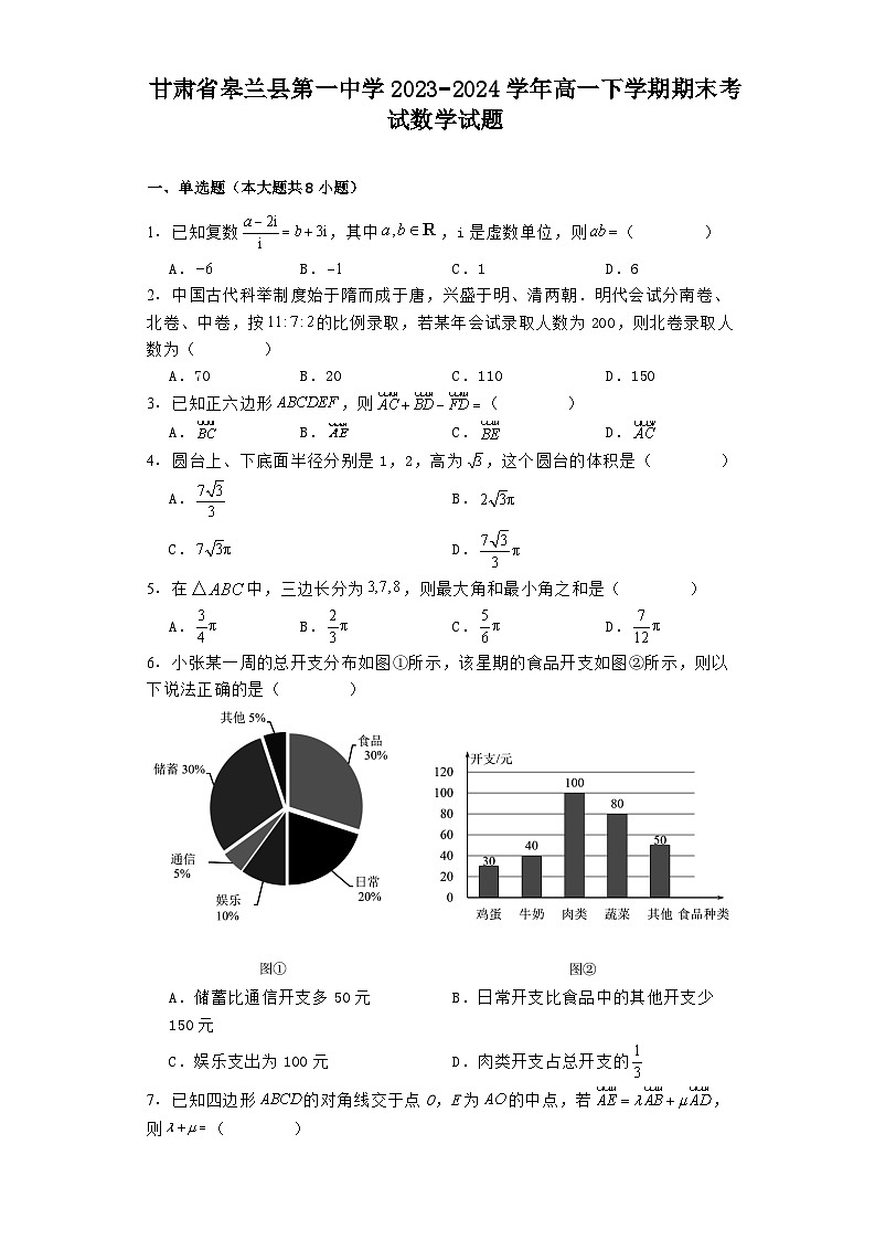 甘肃省皋兰县第一中学2023−2024学年高一下学期期末考试 数学试题（含解析）第1页
