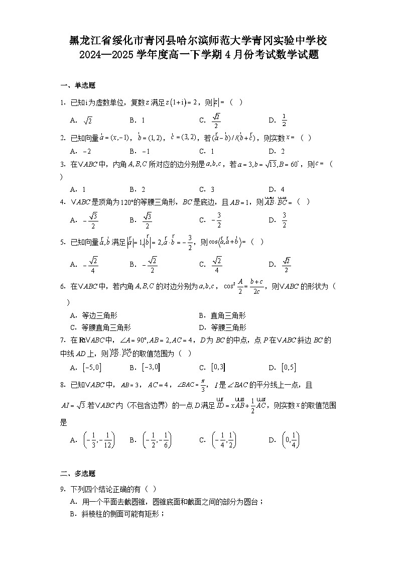 黑龙江省绥化市青冈县哈尔滨师范大学青冈实验中学校2024—2025学年度高一下学期4月份考试 数学试题（含解析）第1页