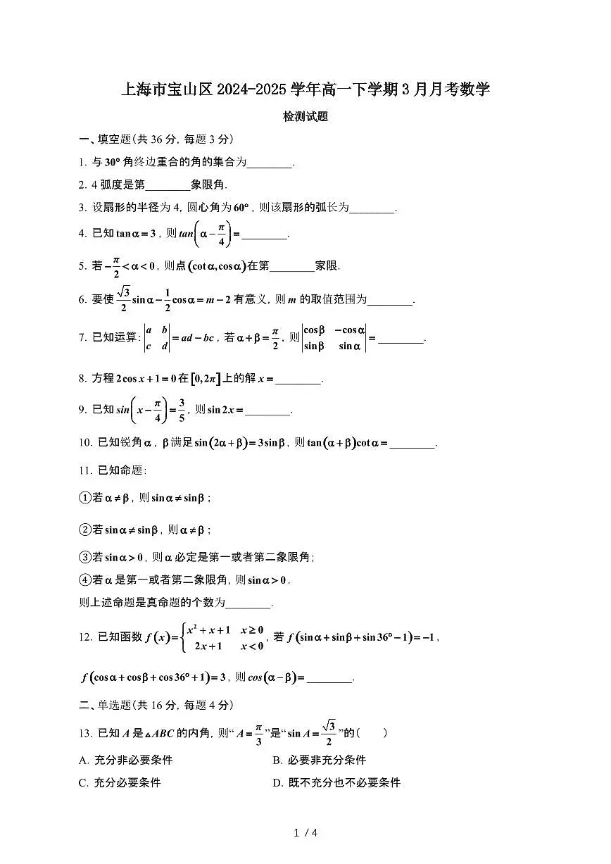上海宝山区2024_2025学年 高一第二学期3月月考数学试卷[带答案]第1页