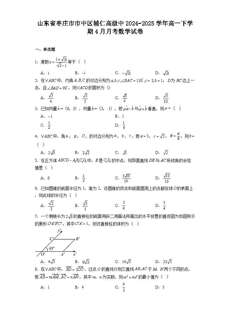 山东省枣庄市市中区辅仁高级中2024−2025学年高一下学期4月月考 数学试卷（含解析）第1页