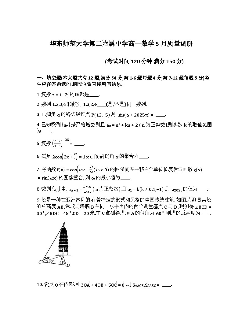 上海市华东师范大学第二附属中学2024-2025学年高一下学期5月质量调研数学试卷第1页
