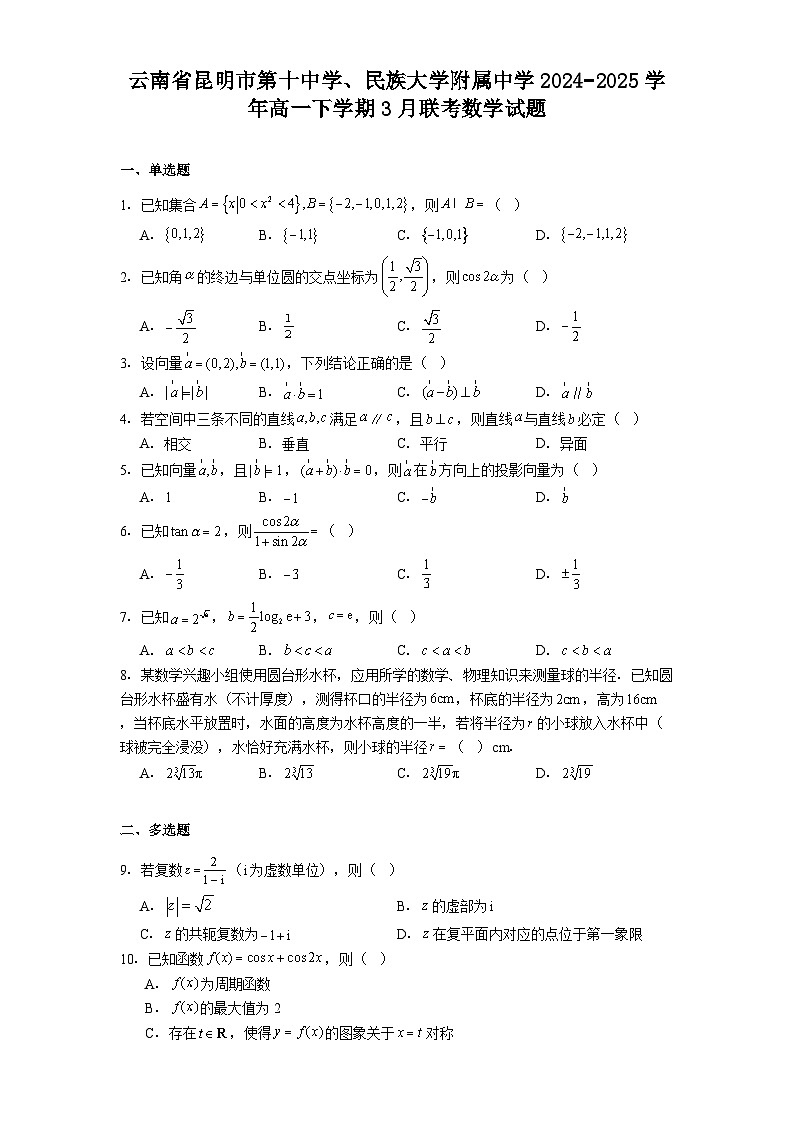 云南省昆明市第十中学、民族大学附属中学2024−2025学年高一下学期3月联考 数学试题（含解析）第1页