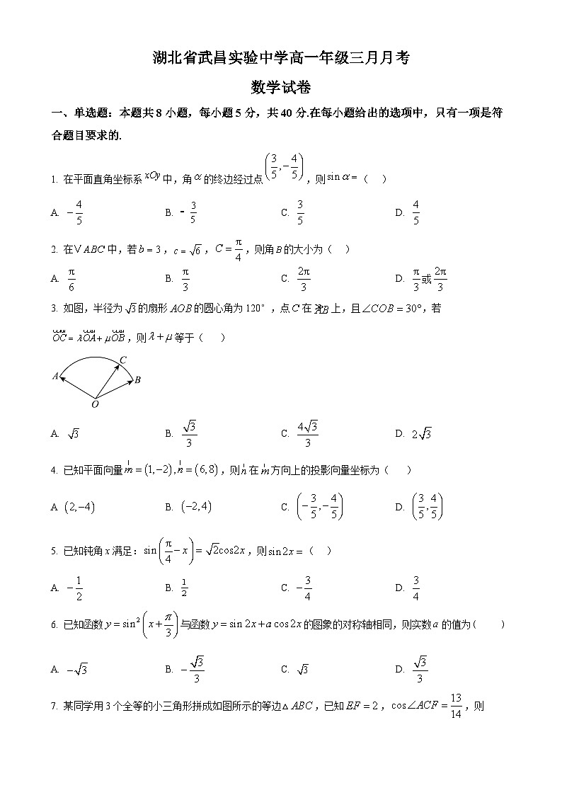 湖北省武昌实验中学2024-2025学年高一下学期3月月考数学试卷第1页