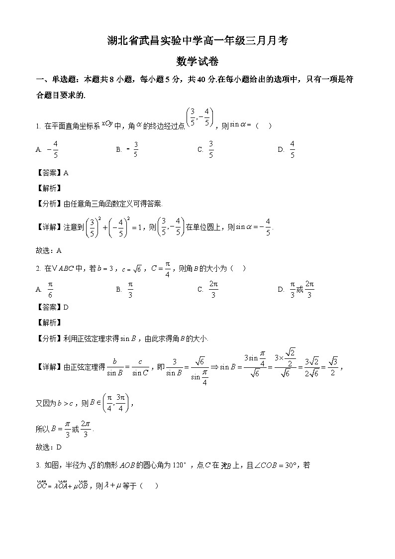 湖北省武昌实验中学2024-2025学年高一下学期3月月考数学试卷（解析）第1页