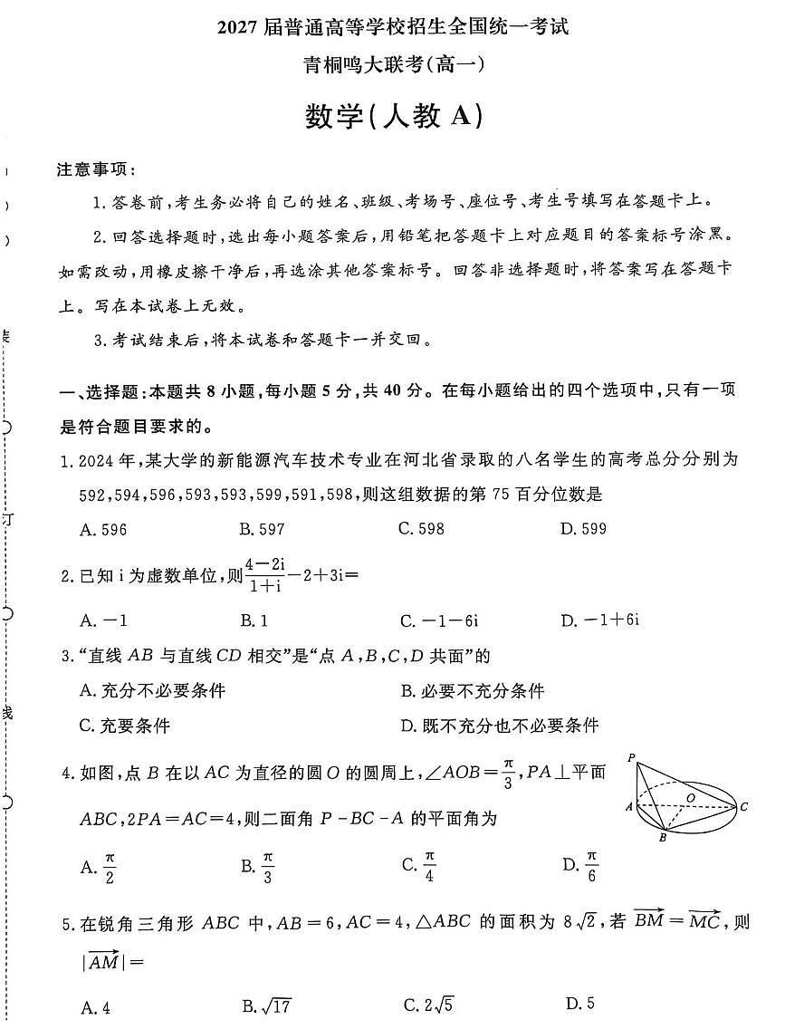 河南省青桐鸣2024-2025学年高一下学期5月联考 数学试题（人教A版）第1页