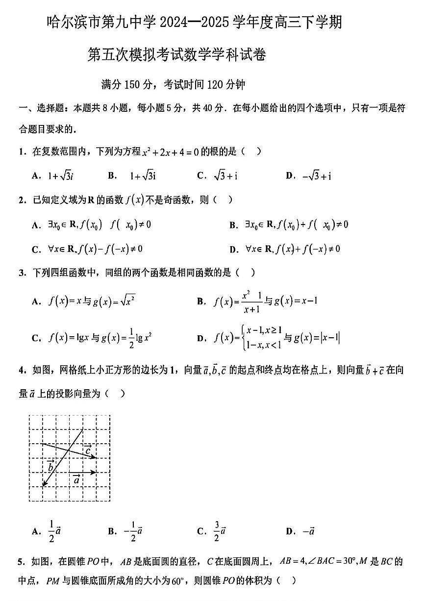 黑龙江省哈尔滨市第九中学2024-2025学年高三下学期第五次模拟考试数学试卷（高考模拟）第1页