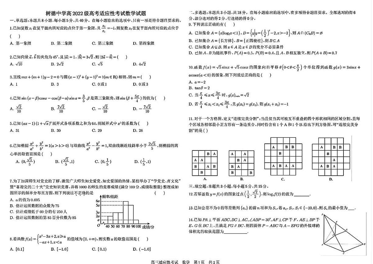 四川省成都市树德中学2024-2025学年高三下学期高考适应性考试数学试题第1页