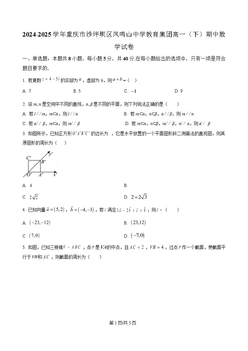 重庆市凤鸣山中学教育集团2024-2025学年高一下学期期中考试数学试题（原卷版）第1页