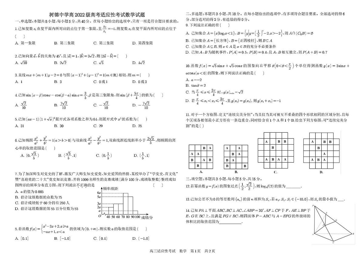 四川省成都树德中学2025年高三适应性考试数学（含答案）第1页