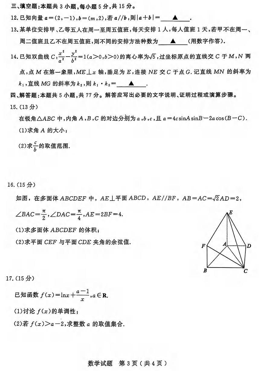 数学丨山东省济宁市2025届高三下学期5月三模（济宁三）试卷及答案第3页