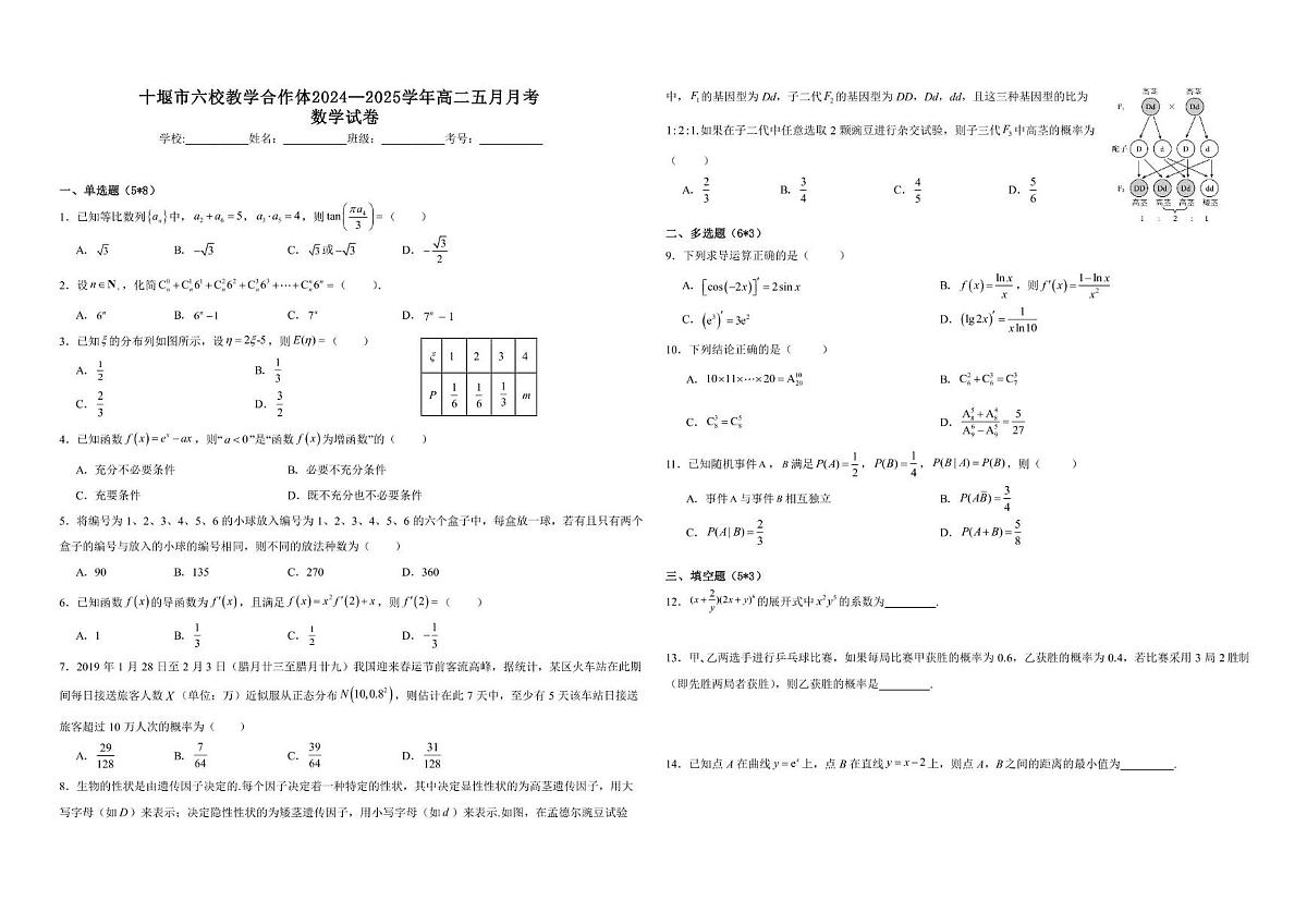 湖北省十堰市六校教学合作体2024—2025学年高二下学期五月月考数学试卷第1页