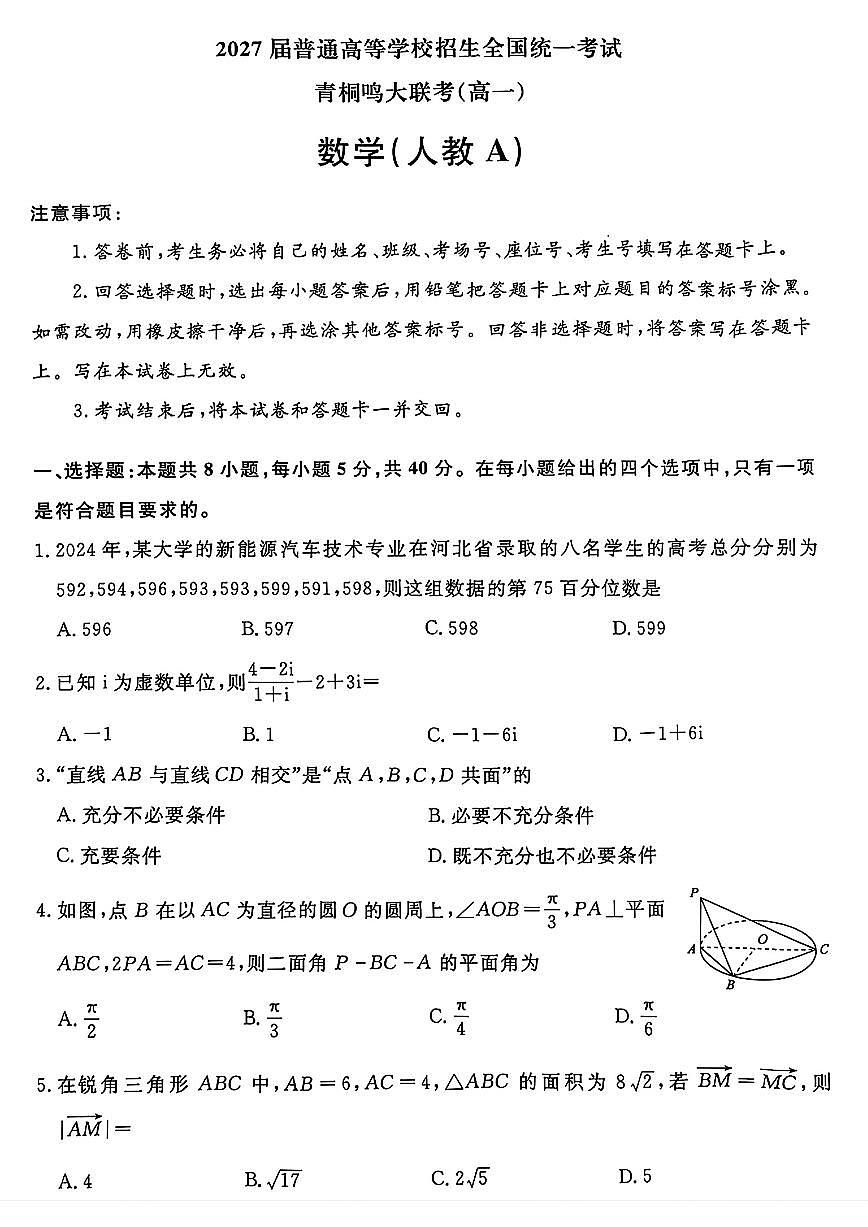 河南省青桐鸣2024-2025学年高一下学期5月联考数学（人教A版）试题【含答案】第1页