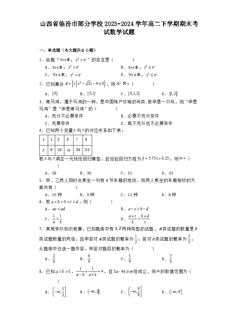 山西省临汾市部分学校2023−2024学年高二下学期期末考试 数学试题（含解析）第1页