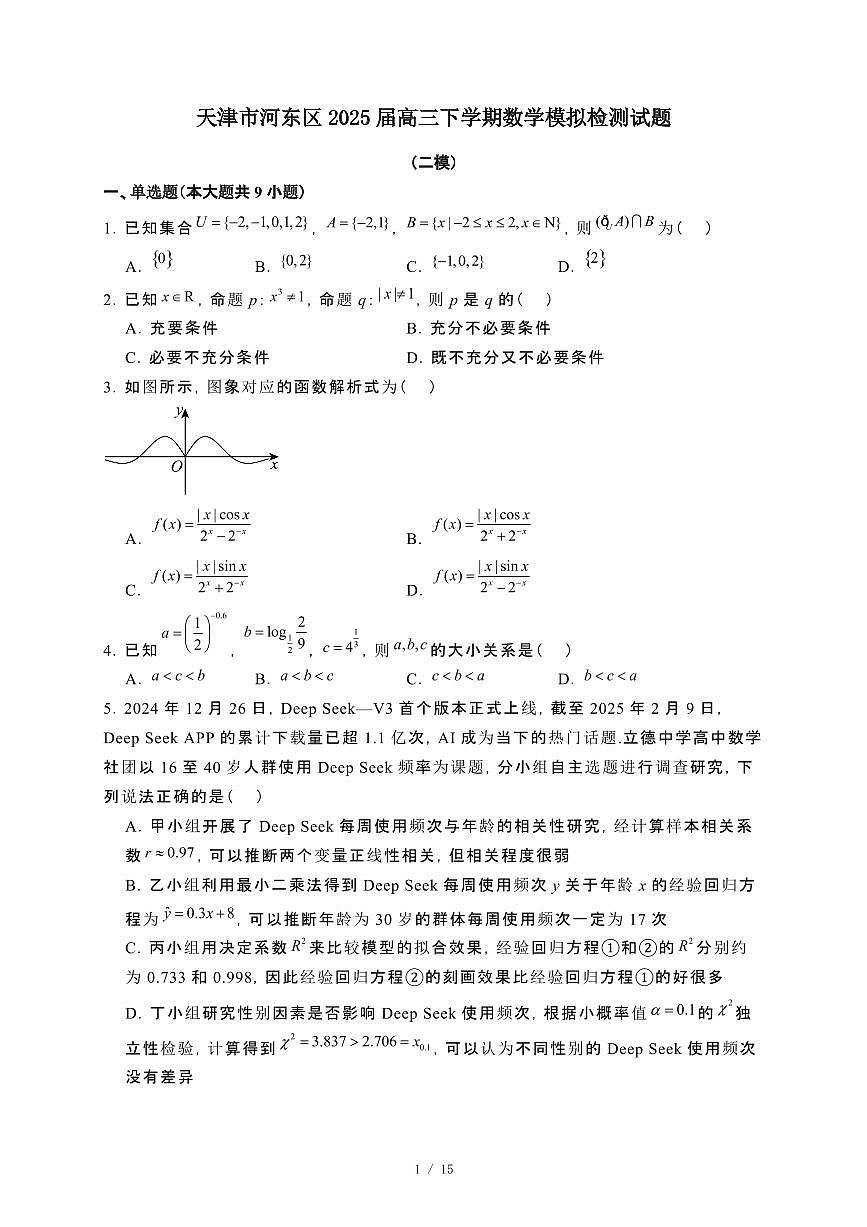 天津河东2025届高三第二学期数学模拟试卷[二模]含解析第1页