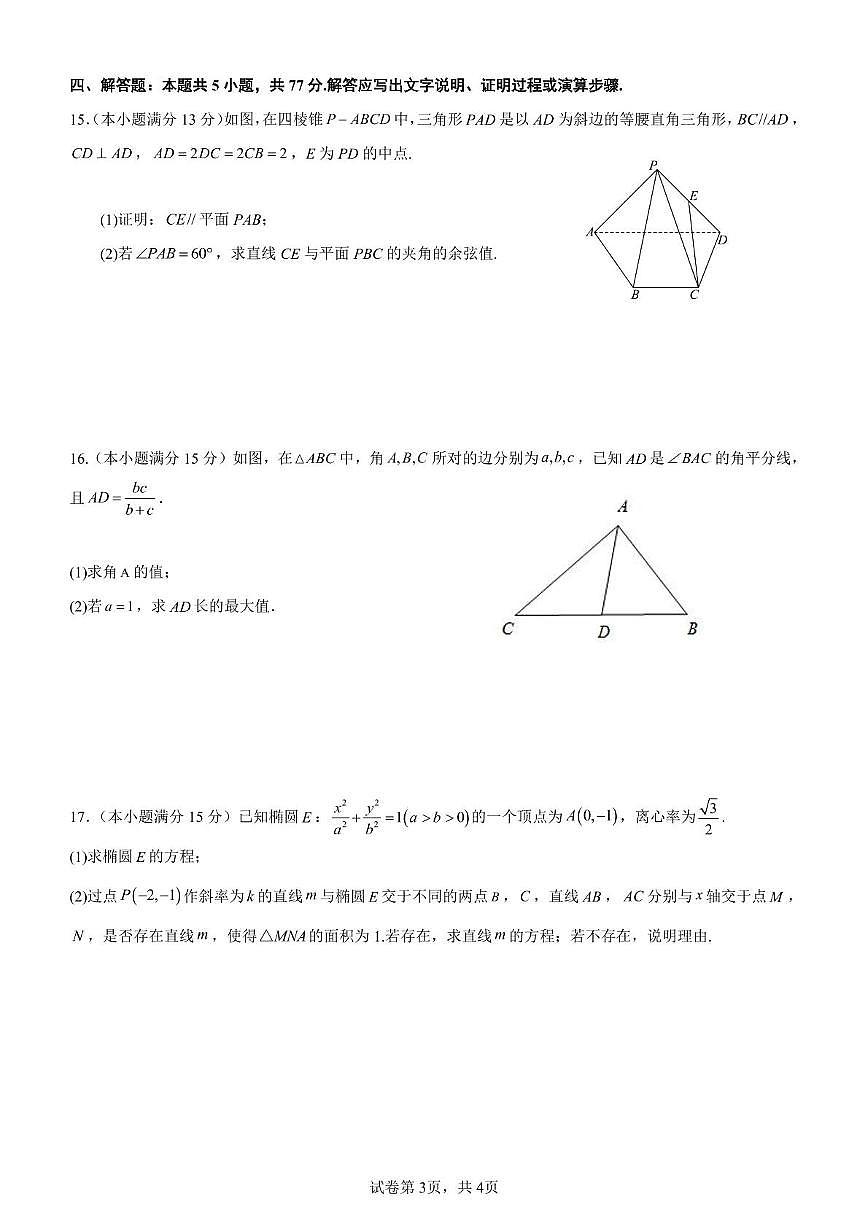 山东省泰安第一中学2025届高三第五次模拟考试 数学试题【含答案】第3页