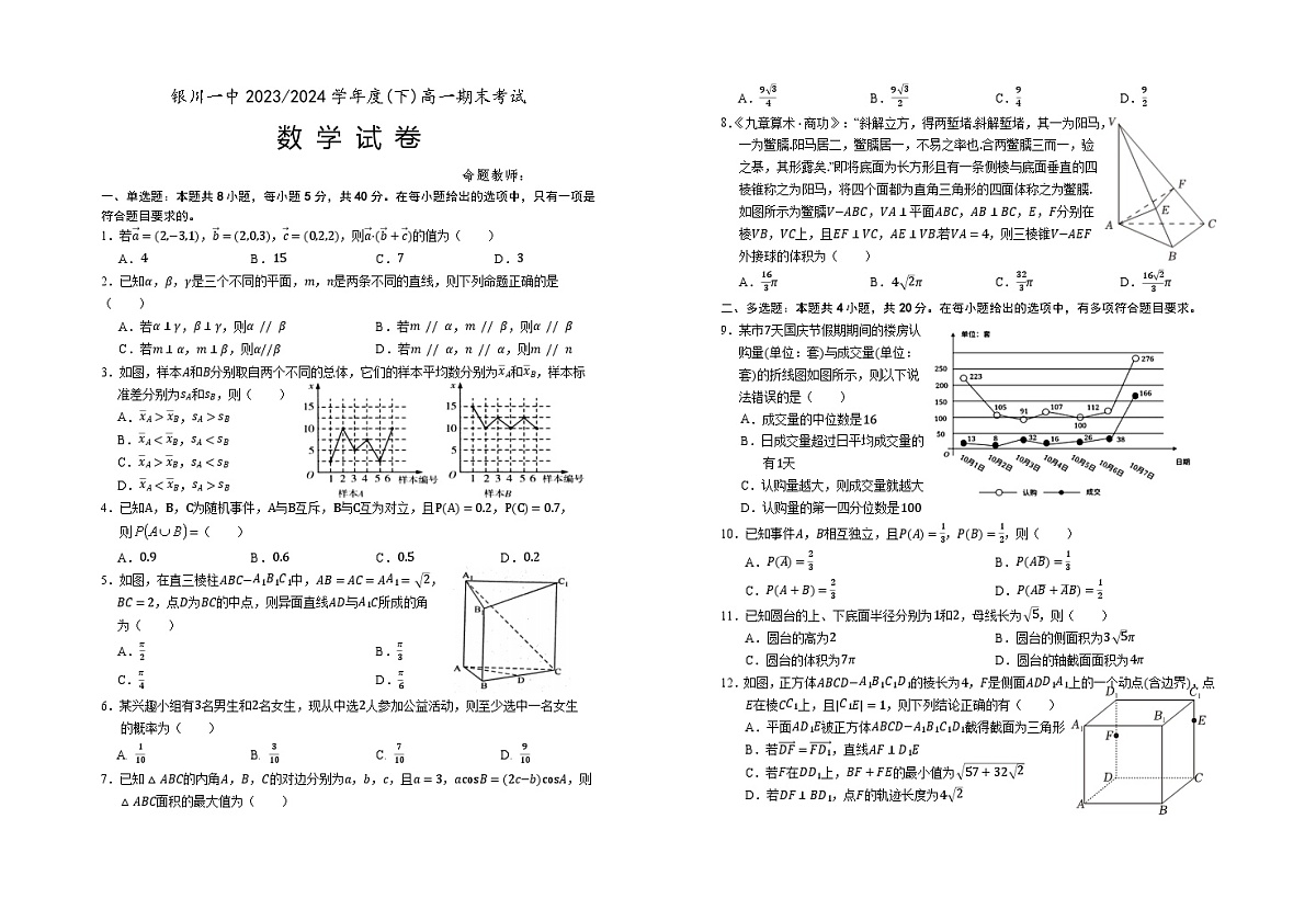 高一期末数学试卷第1页