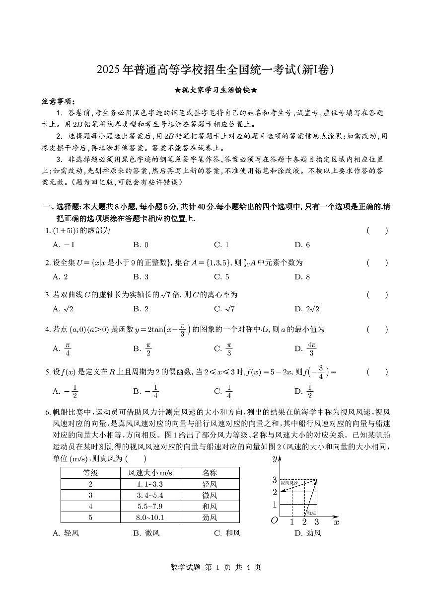 高考数学新课标1-2025年普通高等学校招生全国统一考试（新Ⅰ卷）第1页
