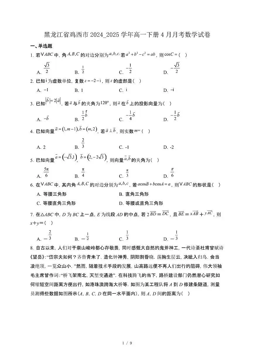 黑龙江省鸡西市2024_2025学年高一下册4月月考数学试卷[附解析]第1页