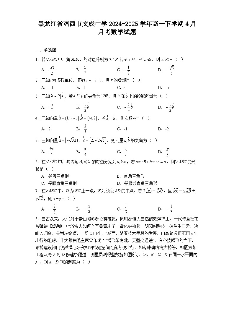 黑龙江省鸡西市文成中学2024−2025学年高一下学期4月月考 数学试题（含解析）第1页