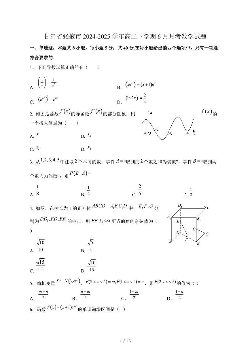 甘肃省张掖市2024-2025学年高二下学期6月月考数学试题第1页