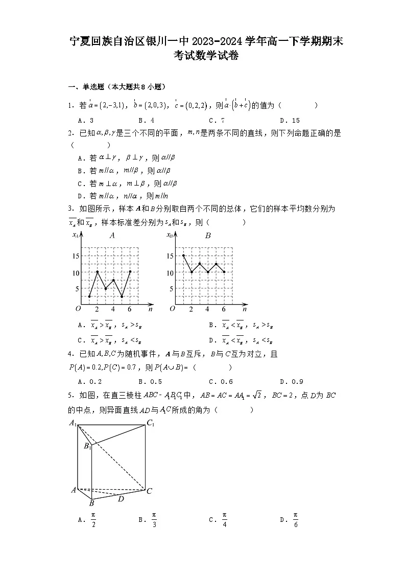 宁夏回族自治区银川一中2023−2024学年高一下学期期末考试 数学试卷（含解析）第1页