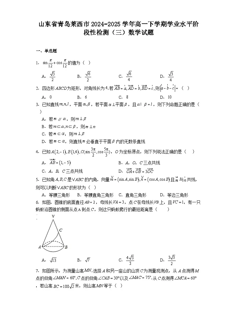 山东省青岛莱西市2024−2025学年高一下学期学业水平阶段性检测（三） 数学试题（含解析）第1页