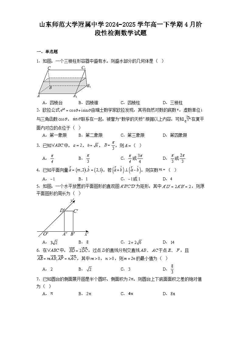 山东师范大学附属中学2024−2025学年高一下学期4月阶段性检测 数学试题（含解析）第1页
