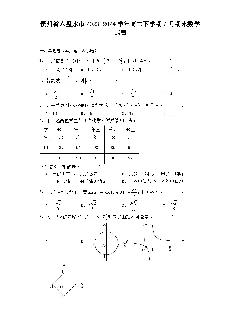 贵州省六盘水市2023−2024学年高二下学期7月期末 数学试题（含解析）第1页