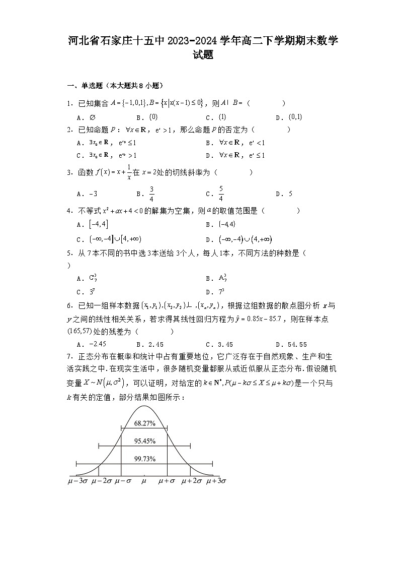 河北省石家庄十五中2023−2024学年高二下学期期末 数学试题（含解析）第1页