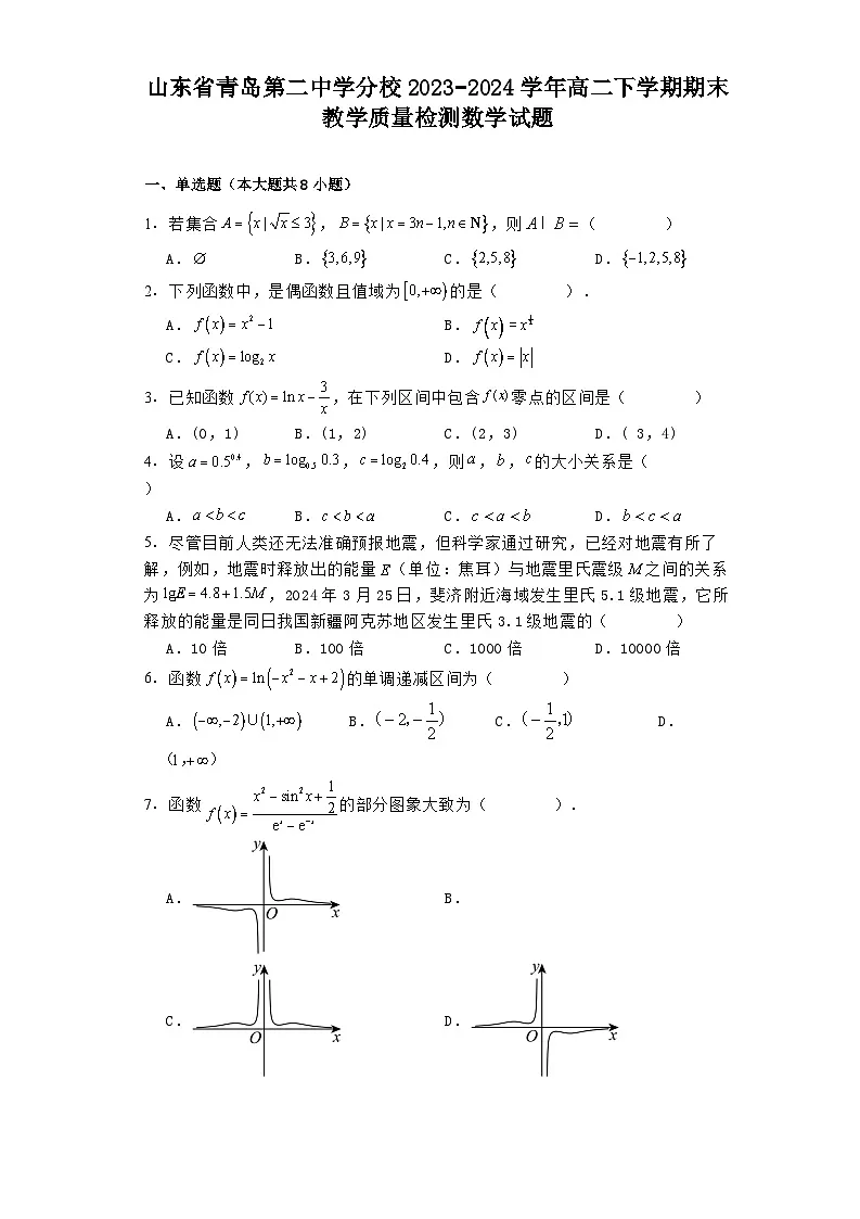 山东省青岛第二中学分校2023−2024学年高二下学期期末教学质量检测 数学试题（含解析）第1页