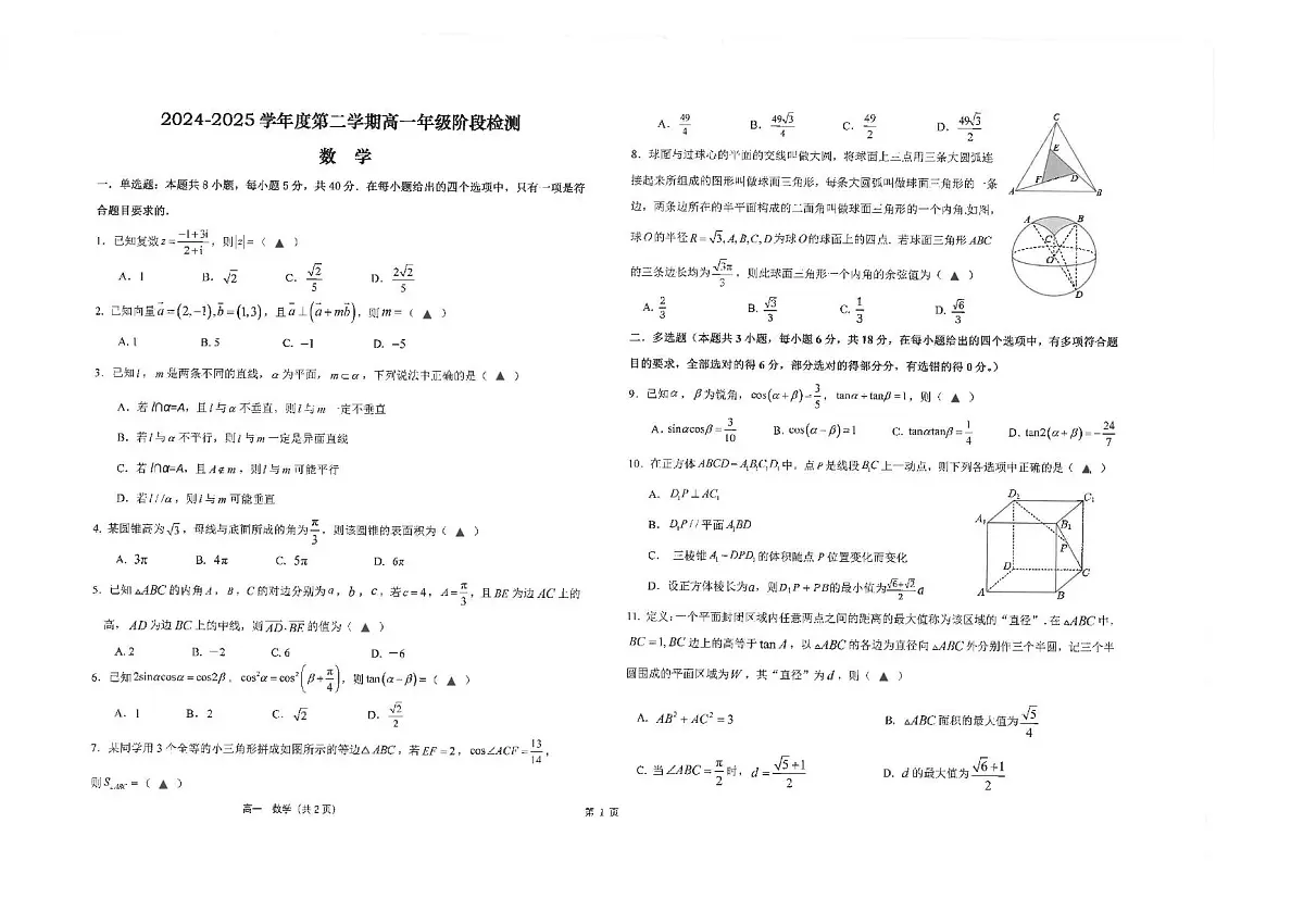 江苏省南通市海安高级中学2024-2025学年高一下学期6月阶段检测数学试题第1页