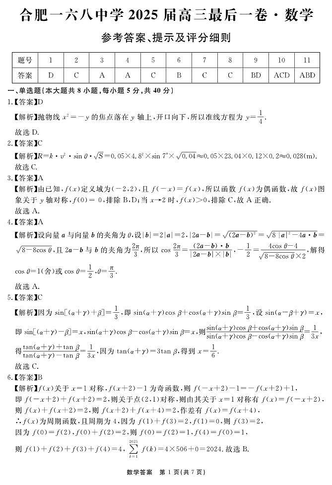 安徽省合肥一六八中学2025届高三最后一卷数学答案第1页