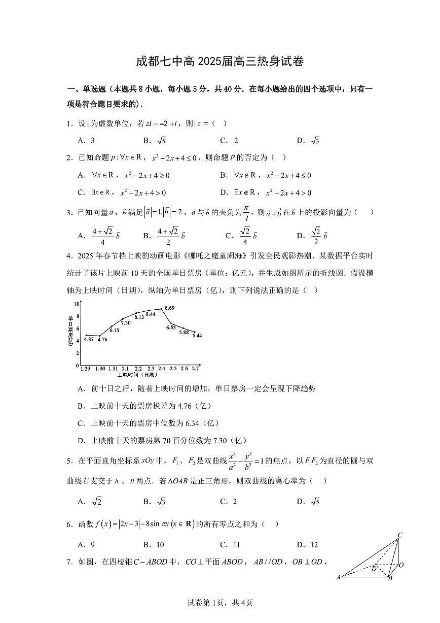 四川省成都市第七中学2024~2025学年度下期高2025届高考热身考试数学第1页