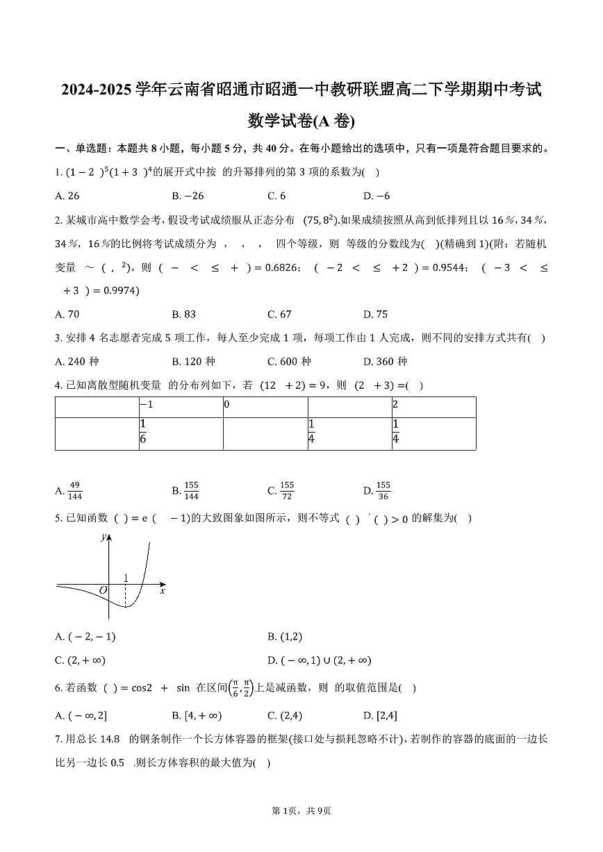 云南省昭通市昭通一中教研联盟2024-2025学年高二（下）期中数学试卷(A卷)（含答案）第1页