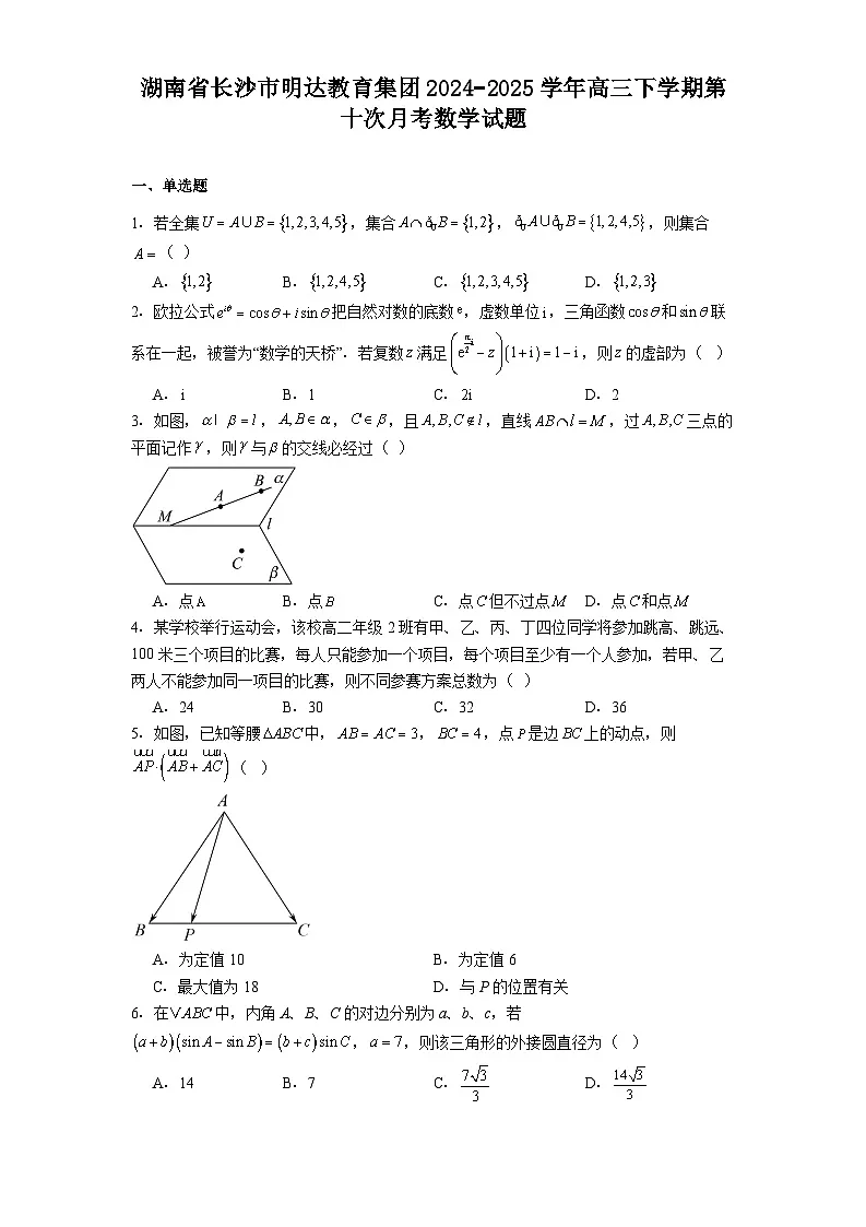 湖南省长沙市明达教育集团2024−2025学年高三下学期第十次月考 数学试题（含解析）第1页