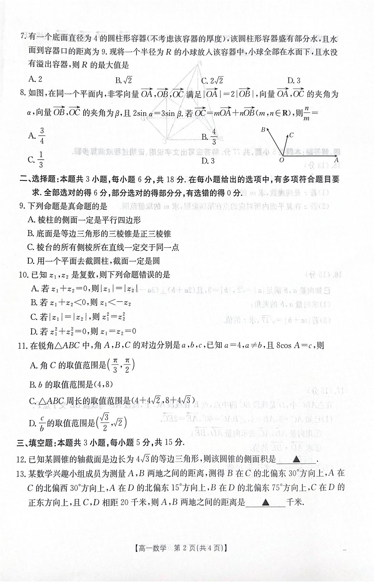 福建省龙岩市非一级达标校2024-2025学年高一下学期期中考试数学试题（PDF版附答案）第2页