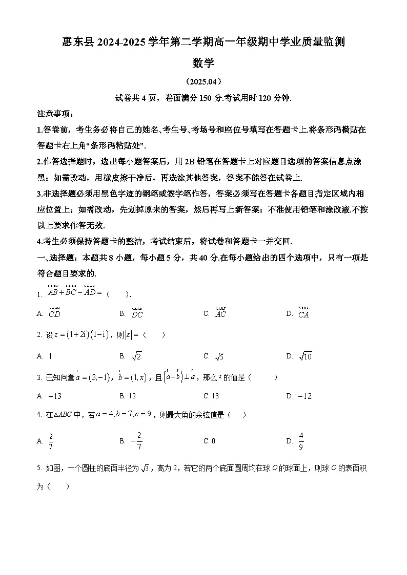 广东省惠州市惠东县2024-2025学年高一下学期4月期中学业质量监测数学试题第1页