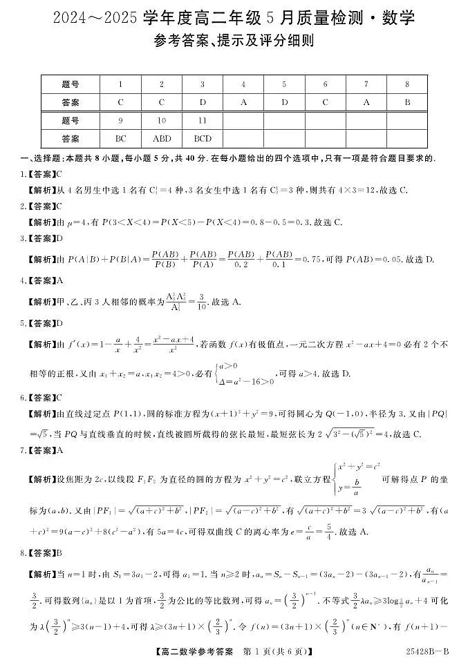焦作市2024-2025学年高二下学期5月质量检测数学参考答案（人教版）20250529第1页