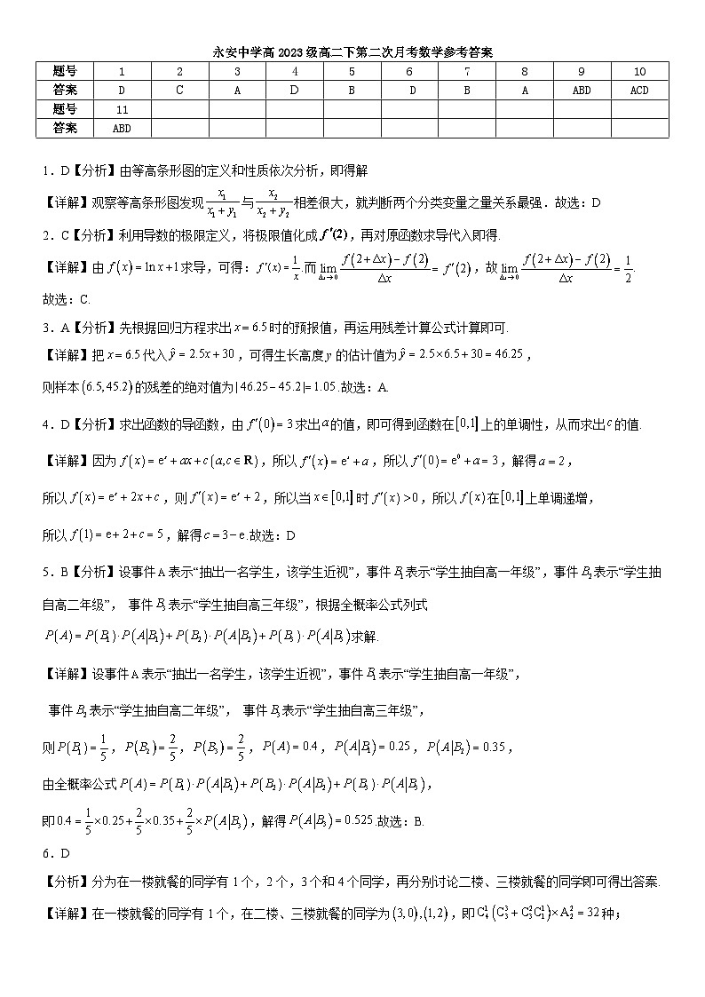 永安中学高2023级高二下第二次月考数学参考答案第1页