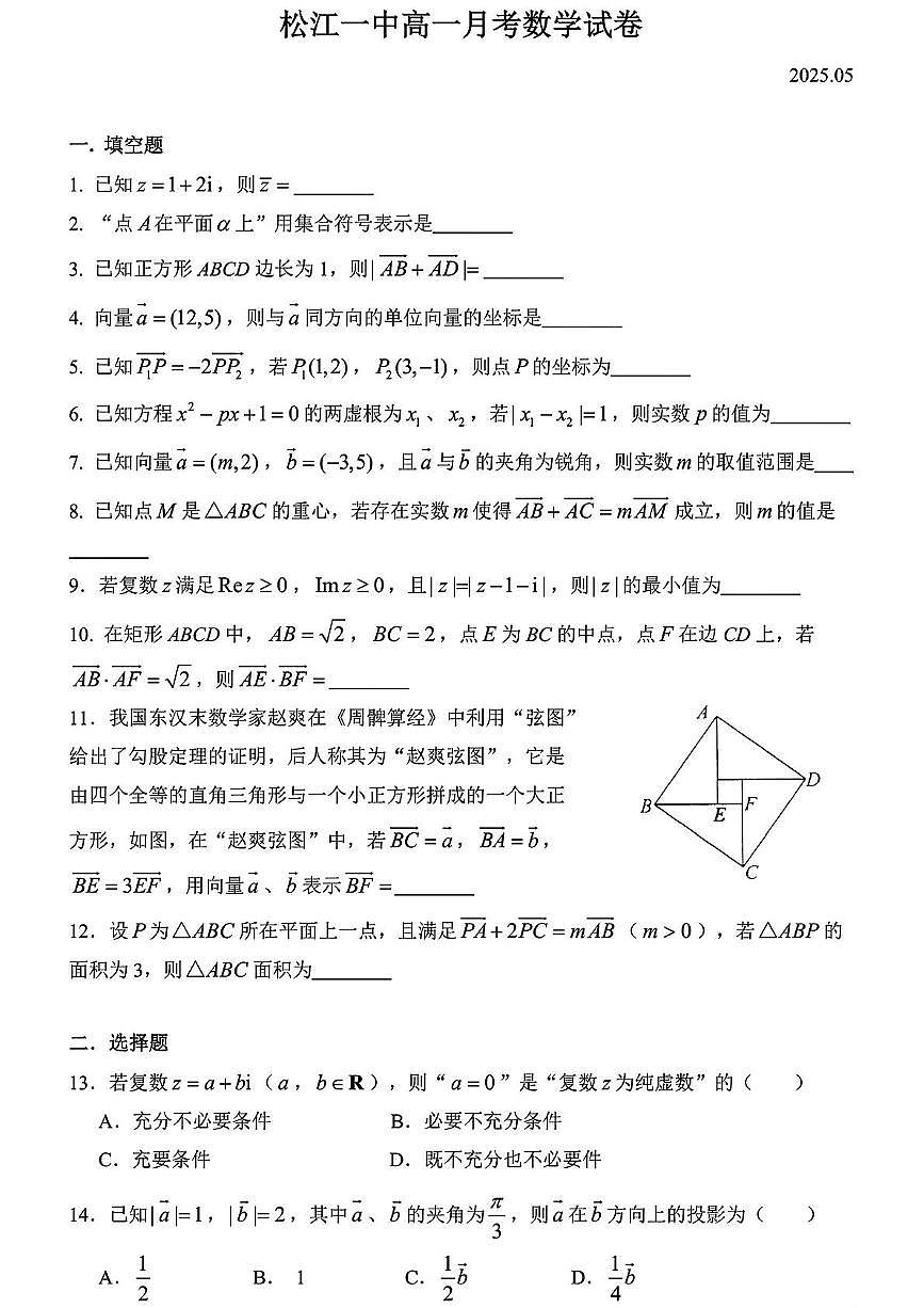 上海市松江一中2024-2025学年高一下学期5月月考数学试卷第1页