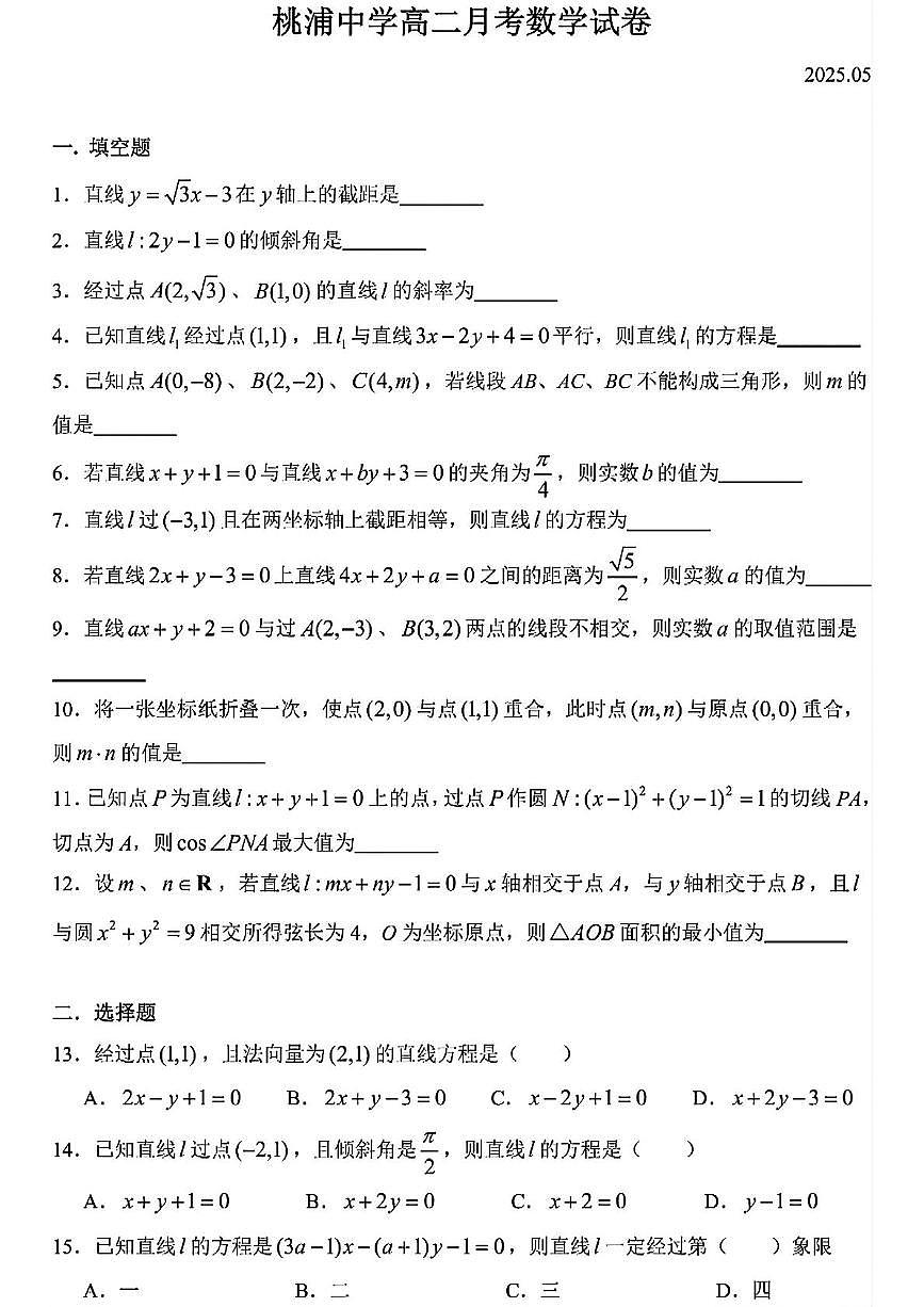 上海市桃浦中学2024-2025学年高二下学期5月月考数学试卷第1页