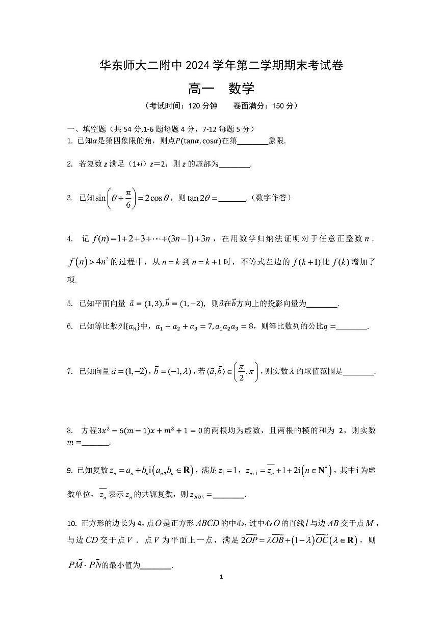 上海市华东师范二附中2024-2025学年高一下学期期末考试数学试题第1页