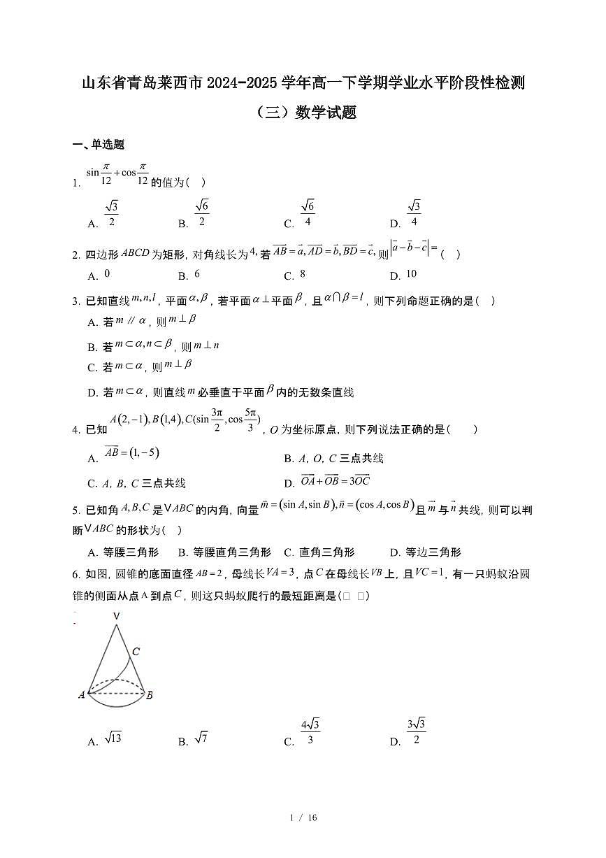山东省青岛莱西市2024-2025学年高一下册学业水平阶段性检测（三）数学试卷【附解析】第1页