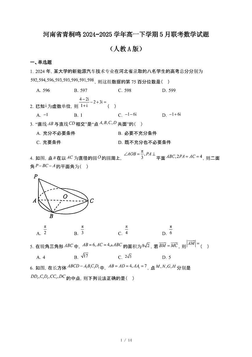 河南省青桐鸣2024~2025学年高一下册5月联考数学试卷（人教A版）【附解析】第1页