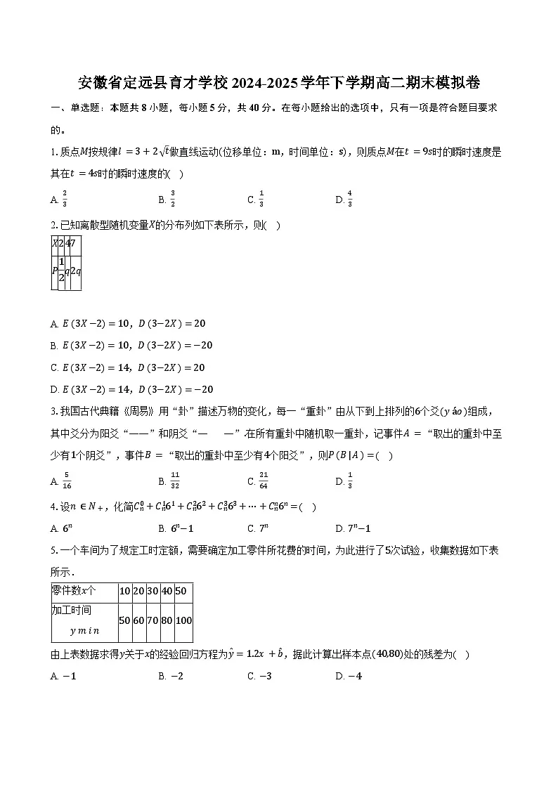 安徽省定远县育才学校2024-2025学年下学期高二期末模拟 数学卷（含解析）第1页
