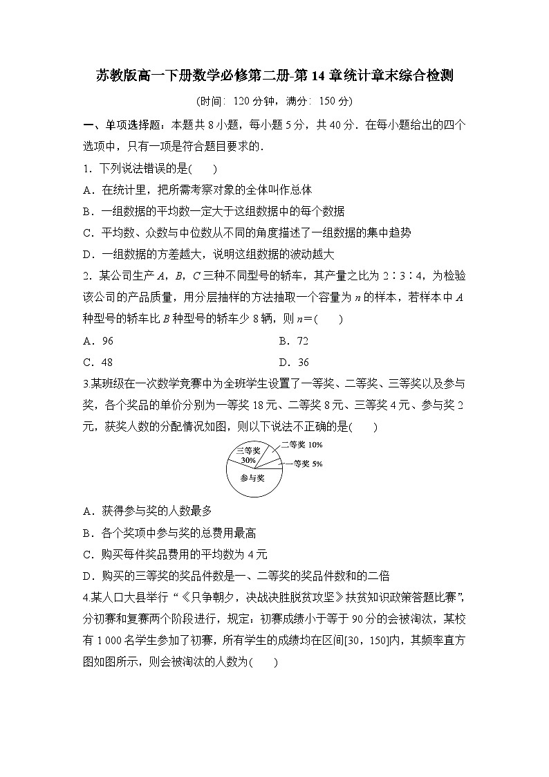苏教版高一下册数学必修第二册-第14章统计章末综合检测【含答案】第1页