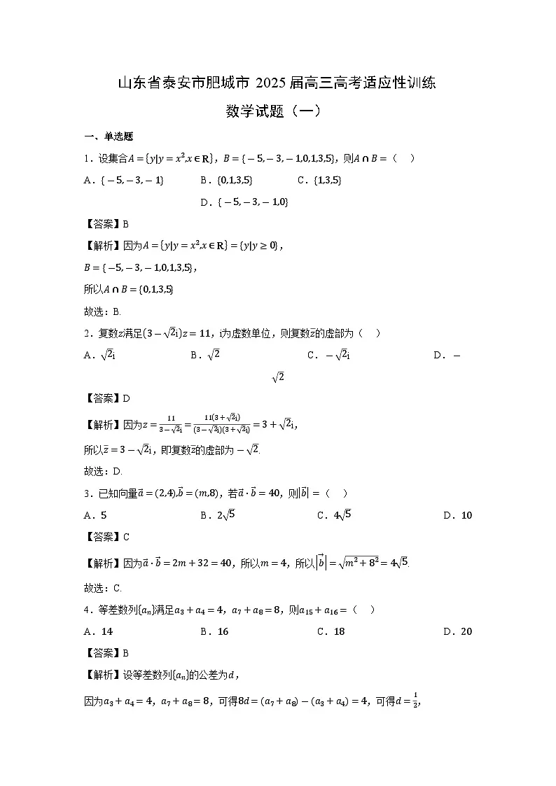 山东省泰安市肥城市2025届高三高考适应性训练（一）数学试卷（解析版）第1页