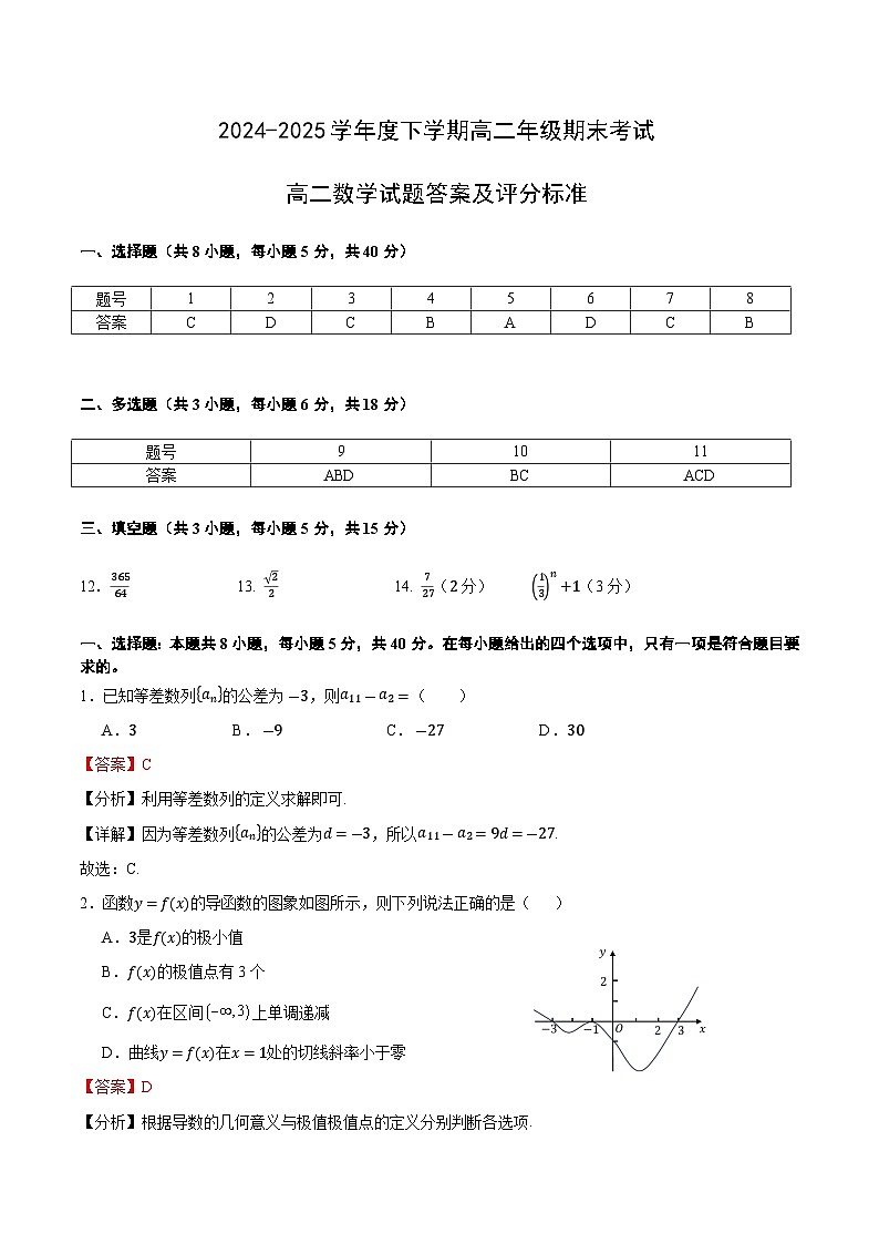 湖北省武汉市五校联合体2024-2025学年高二下学期期末考试数学试卷答案第1页